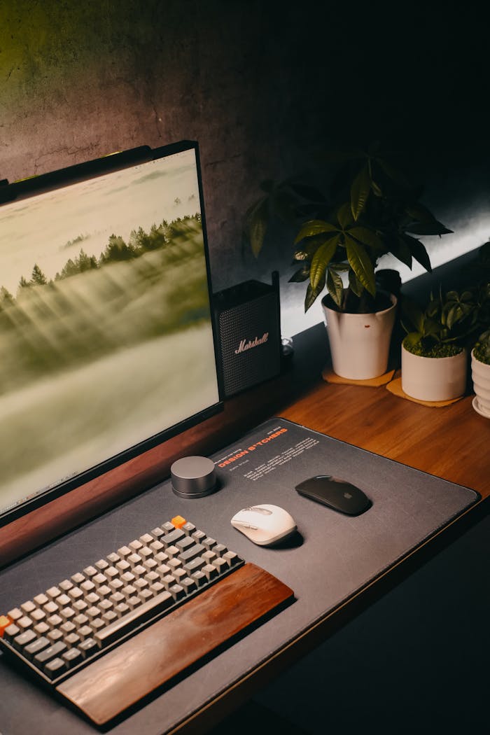 A sleek home office desk setup showcasing a keyboard, monitor, and greenery, perfect for modern workspaces.